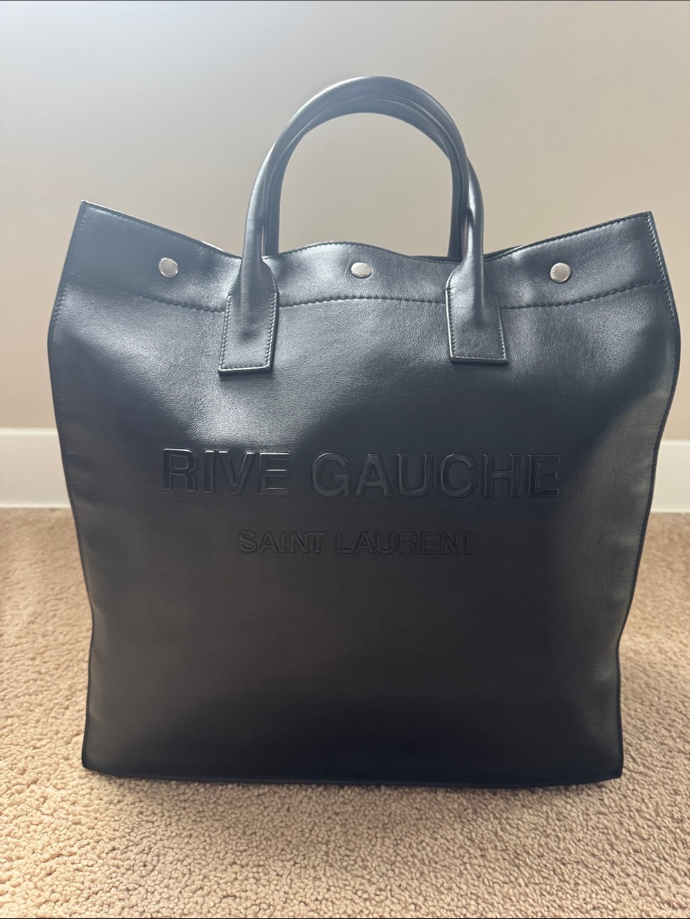 Saint Laurent Black Rive Gauche Embossed Leather Tote